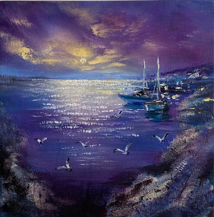 Pintura titulada "Silver Moonglade" por Ludmila Gorbunova, Obra de arte original, Oleo Montado en Panel de madera