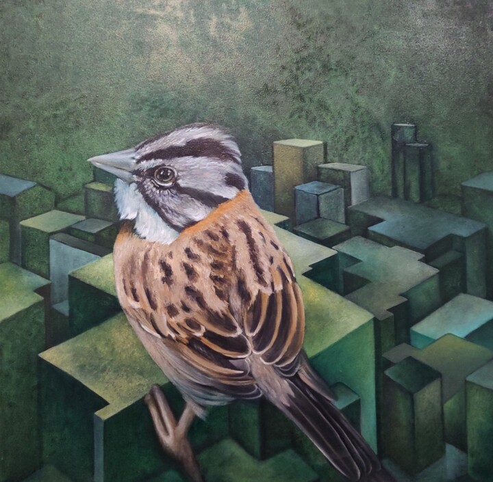Painting titled "Gorrión andino" by Andrés Narváez, Original Artwork, Oil