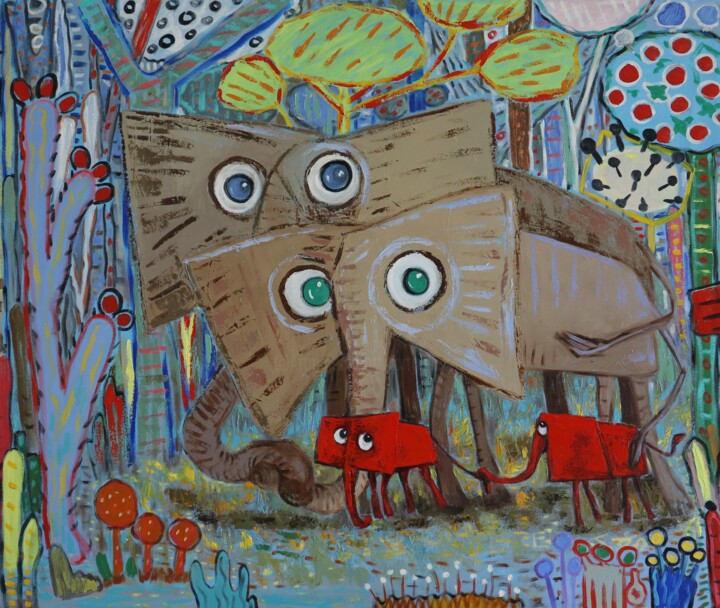 Mom, dad and 2 baby elephants 绘画, 39.4x47.2 in