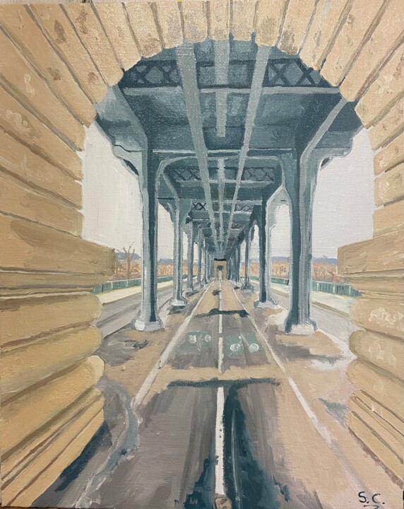 Painting titled "Métropolitain" by Sophie Cousineau, Original Artwork, Oil Mounted on Cardboard