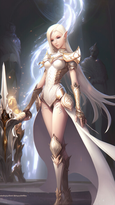 "elf warrior in whit…" başlıklı Dijital Sanat C.Moonheart tarafından, Orijinal sanat, AI tarafından oluşturulan görüntü
