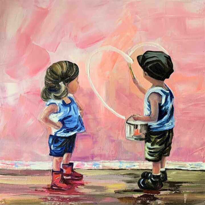 Children about Love: One heart for two Painting 绘画, 15.8x15.8 in