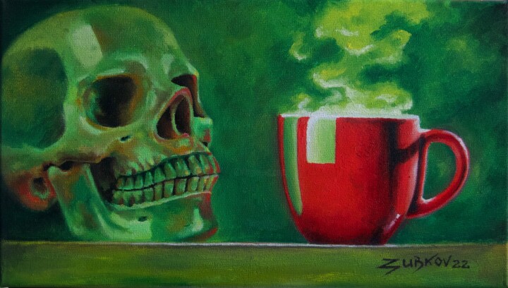 Coffee and jade skull 绘画, 7.9x13.8 in