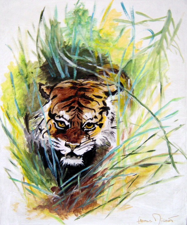 Tigre dans les herbes hautes 绘画, 13x10.6 in