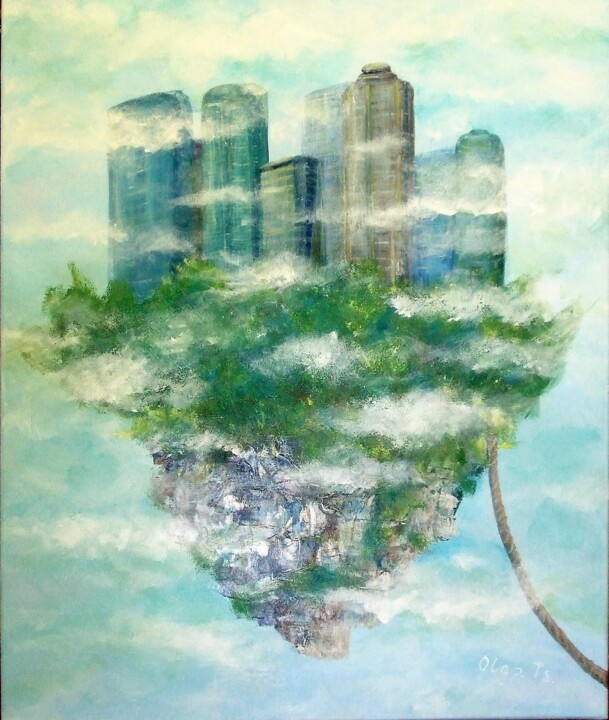 "Island in the sky" fantasy art city painting on canvas 绘画, 23.6x19.7 in