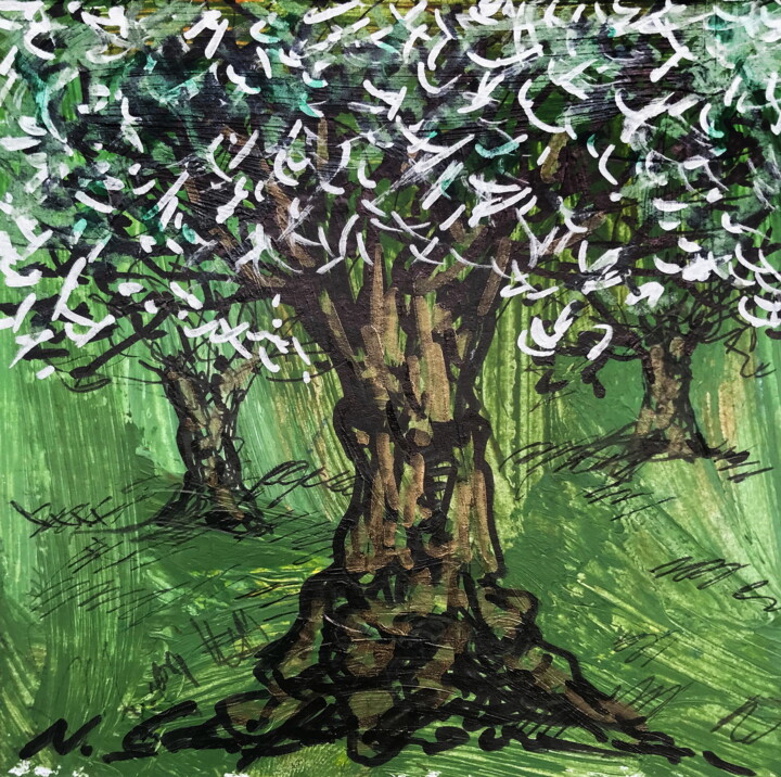 Peinture intitulée "Oliveraie 1, 10x10cm" par Nathalia Chipilova, Œuvre d'art originale, Acrylique