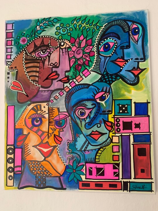 peinture cubisme et art brut . visage cubiste , moderne .. 绘画, 21.7x18.1 in