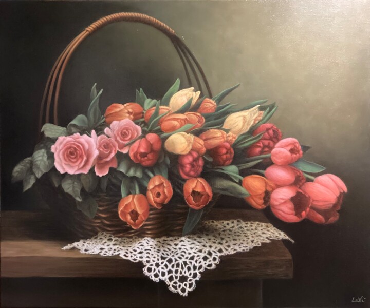 Pintura intitulada "Cesto di fiori" por Laura Vincelli, Obras de arte originais, Óleo