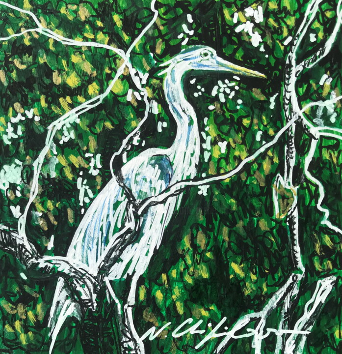 Peinture intitulée "Héron Blanc 1, 13x1…" par Nathalia Chipilova, Œuvre d'art originale, Acrylique