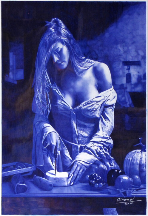 Drawing titled "La femme au camembe…" by Ananou, Original Artwork, Ballpoint pen