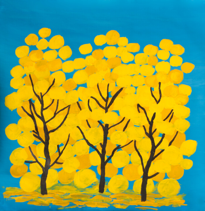 Yellow trees on blue sky Painting, 27.6x25.6 in