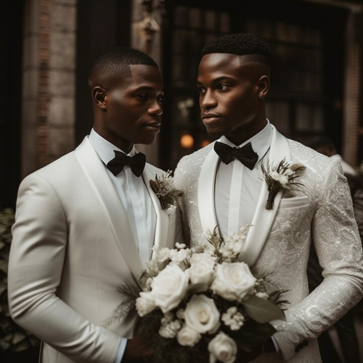 black gay men marriage AI photos white wedding suit photo 数字艺术