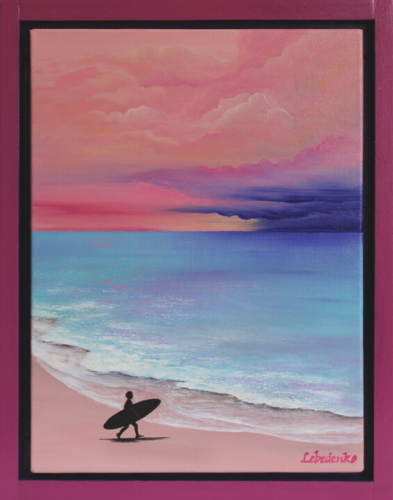 Feel the call of your heart - pink sunset, purple sky, surf 绘画, 15.8x11.8 in