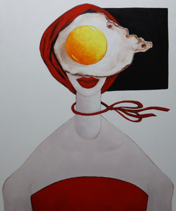 Painting titled "Egg girl in red on…" by Ta Byrne, Original Artwork, Oil