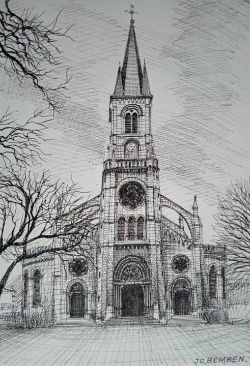 l'Eglise St andré à Reims Drawing, 11.8x8.3 in