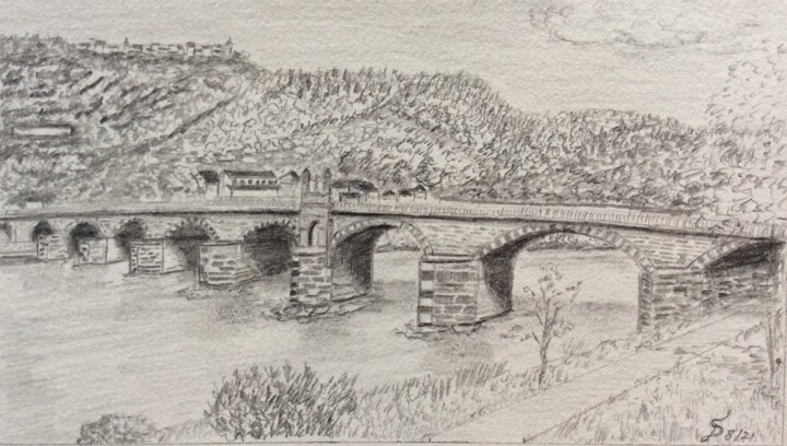 Tekening getiteld "Römerbrücke in Trier" door Stefan Dhein, Origineel Kunstwerk, Potlood