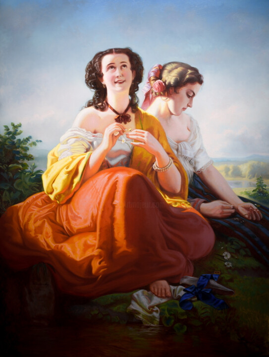 Painting titled "He loves me... he l…" by Nicolas Szuhodovszky, Original Artwork, Oil Mounted on Wood Stretcher frame