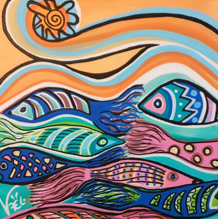 La mer aux poissons 绘画, 7.9x7.9 in