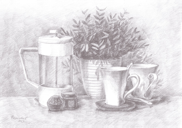 Drawing titled "Белое чаепитие" by Svetlana Firsova, Original Artwork, Ballpoint pen
