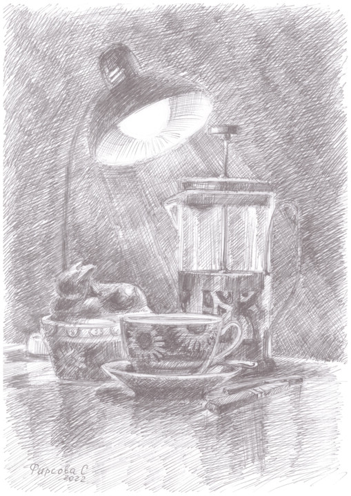 Drawing titled "Ночное чаепитие №2" by Svetlana Firsova, Original Artwork, Ballpoint pen