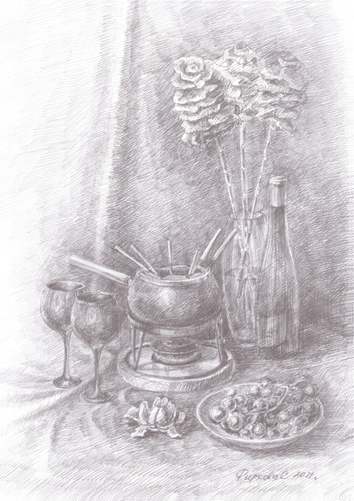 Drawing titled "Натюрморт с фондю" by Svetlana Firsova, Original Artwork, Ballpoint pen