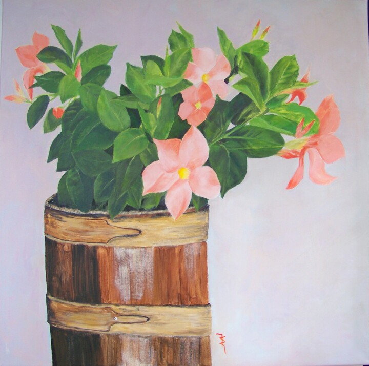 Peinture intitulée "Dipladénia dans un…" par Maryse Curinier-Rochette, Œuvre d'art originale, Acrylique Monté sur Châssis en…