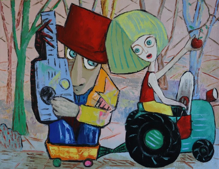 Girl picking apples with guitar player 绘画, 41.3x53.2 in