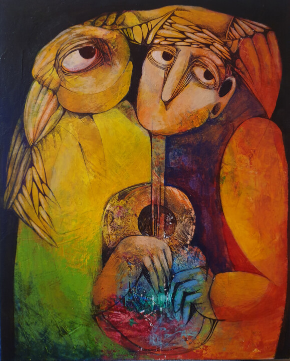 The musician and the bird (Acrylic painting, 40x50cm) 绘画, 19.7x15.8 in