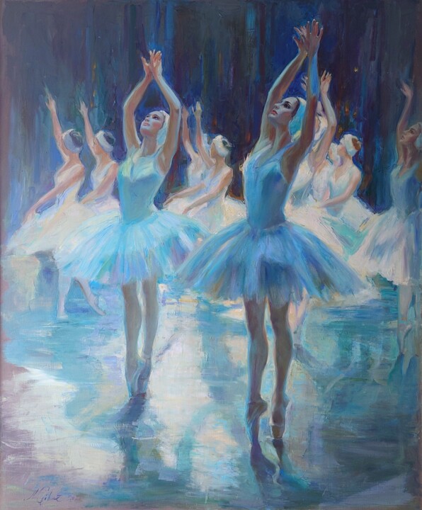 Painting titled "Dance of Swan" by Alisa Gibet, Original Artwork, Oil Mounted on Wood Stretcher frame