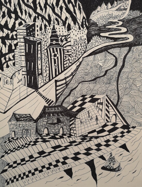 Drawing titled "Residenza estiva" by Mauro Sposito, Original Artwork, Gel pen