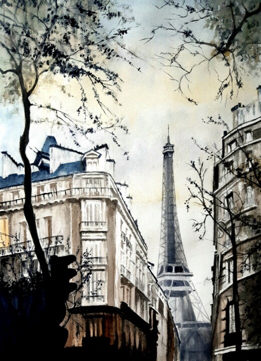 Au bout de la rue....La tour Eiffel Schilderij, 24x18,1 in