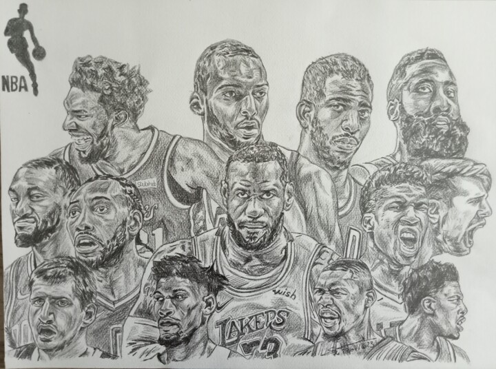 Illustration des joueurs de NBA réalisé aux crayons 图画, 11.7x16.5 in