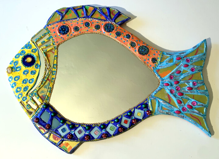 miroir "poisson tropical" mosaïque peinture 60 X 46 cm 绘画, 18.1x23.6 in