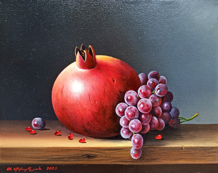 Painting titled "Still life with pom…" by Sergey Miqayelya, Original Artwork, Oil Mounted on Wood Stretcher frame
