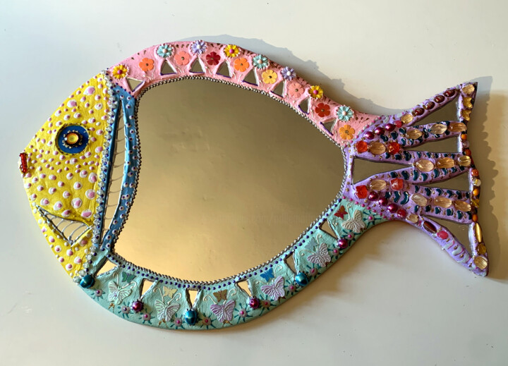 miroir mural "poisson Preppy " mosaïque peinture 60 X 39 cm 设计, 15.4x23.6 in