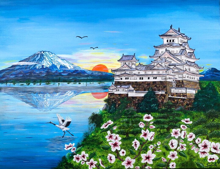 Le château de Himeji au Japon au pied du mont Fuji 绘画, 19.7x25.6 in