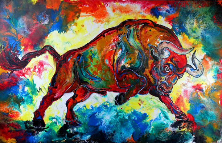 Burlero Stiergemälde Stierbild gemalt Acrylbild Stier bunt 绘画, 39.4x59.1 in