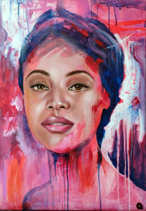 Peinture intitulée "Pink beauty, portra…" par Adelacreative, Œuvre d'art originale, Acrylique Monté sur Châssis en bois