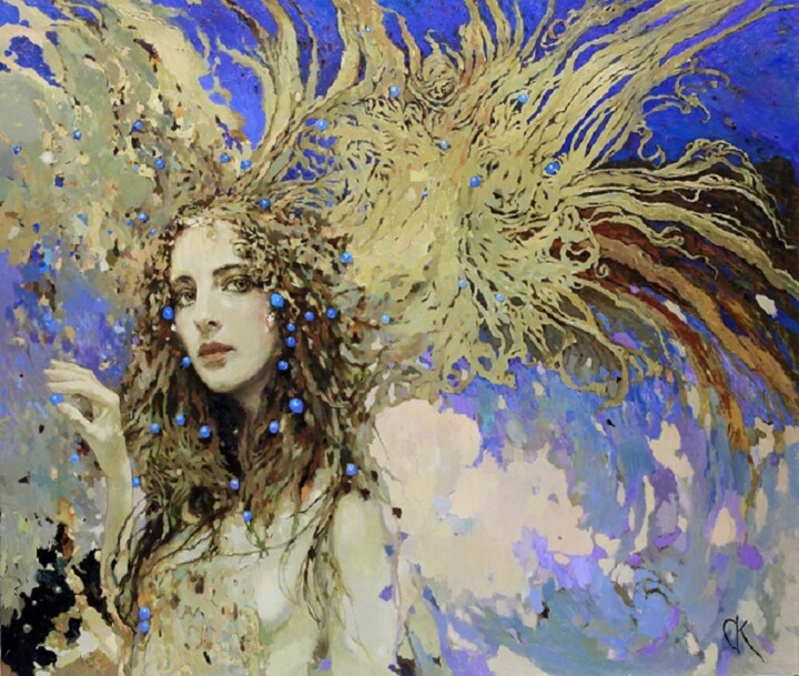 Painting titled "AN ANGEL WITH AUTUM…" by Stanislav Krupp, Original Artwork, Oil Mounted on Wood Stretcher frame