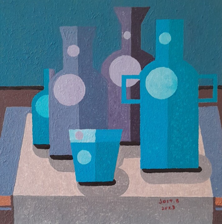 Des bouteilles et un verre . 绘画, 9.8x9.8 in