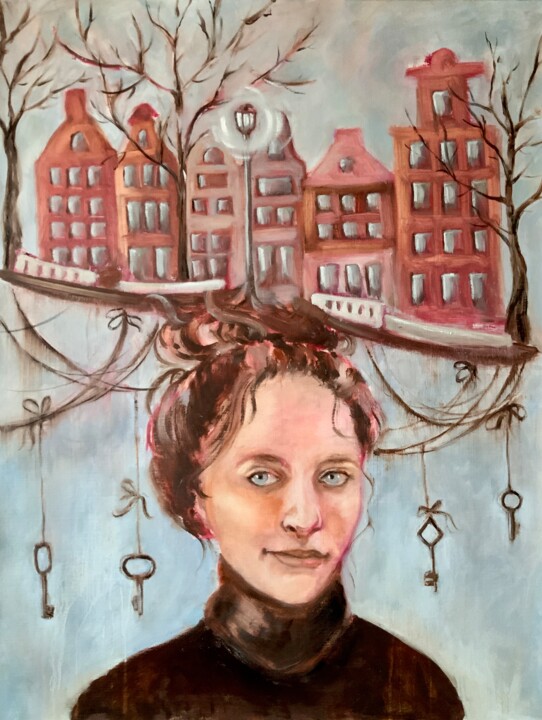 The Inner City - portrait woman, city scene 绘画, 31.5x23.6 in