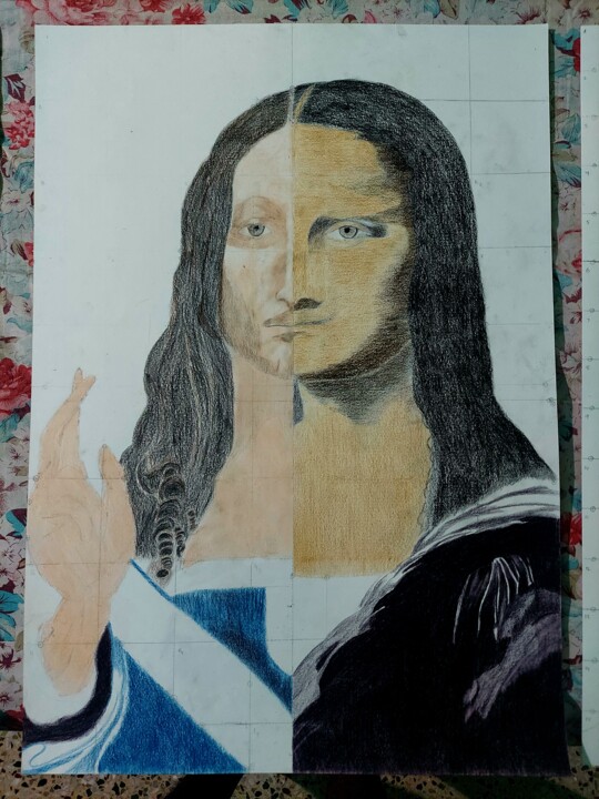 SANGRAM'S FAMOUS SALVATOR MUNDI MONALISHA DUO ART Incomplete 图画, 23.6x16.6 in