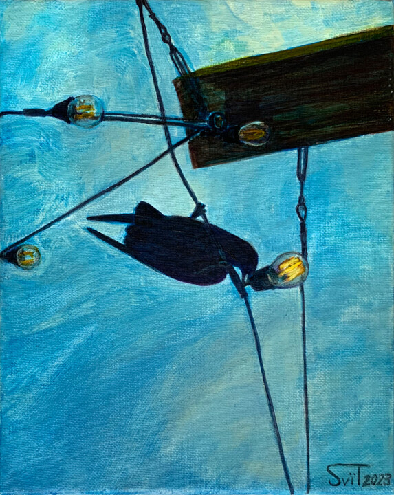 A Crow on the Wires 绘画, 9.9x8 in
