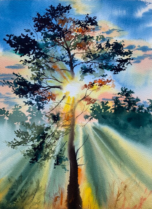 Tree in Sunshine Painting, 12.6x9.1 in