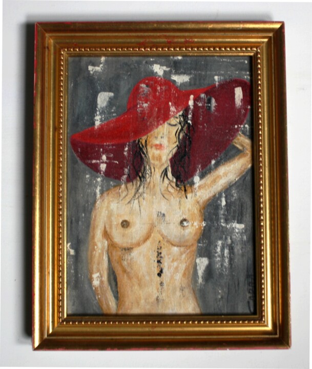 Nu nude nacked girl woman femme au chapeau rouge 绘画, 9.8x7.1 in