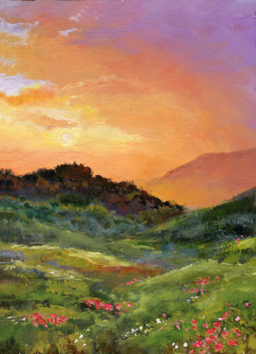 Hills with flowers at sunset 绘画, 7.1x5.1 in
