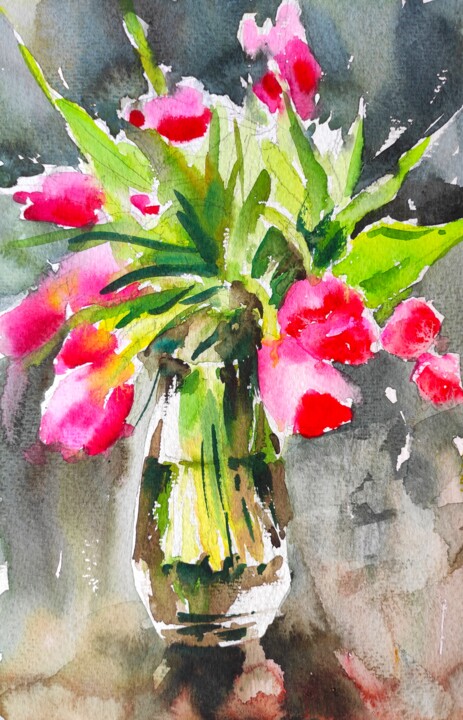 Pink tulips in a vase 绘画, 12.2x7.9 in