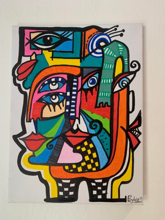 Tableau contemporain, inspiration cubisme,Visage cubiste, 绘画, 15.8x11.8 in