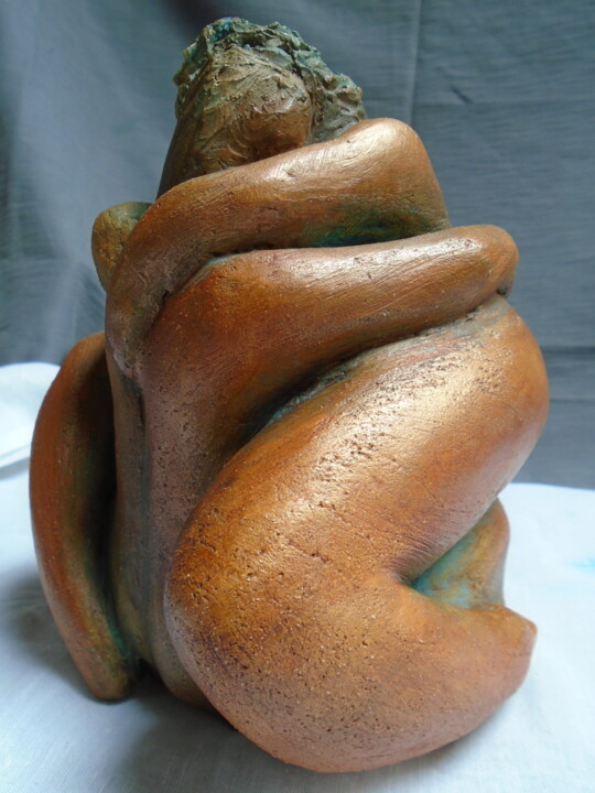 Couple enlacé assis terre cuite patinée 雕塑, 7.1x5.5 in