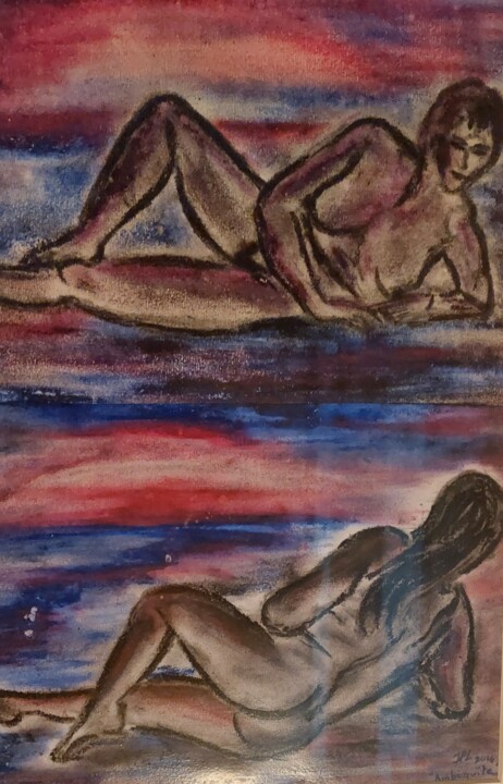 coucher de soleil sur la plage 绘画, 15.4x11.4 in